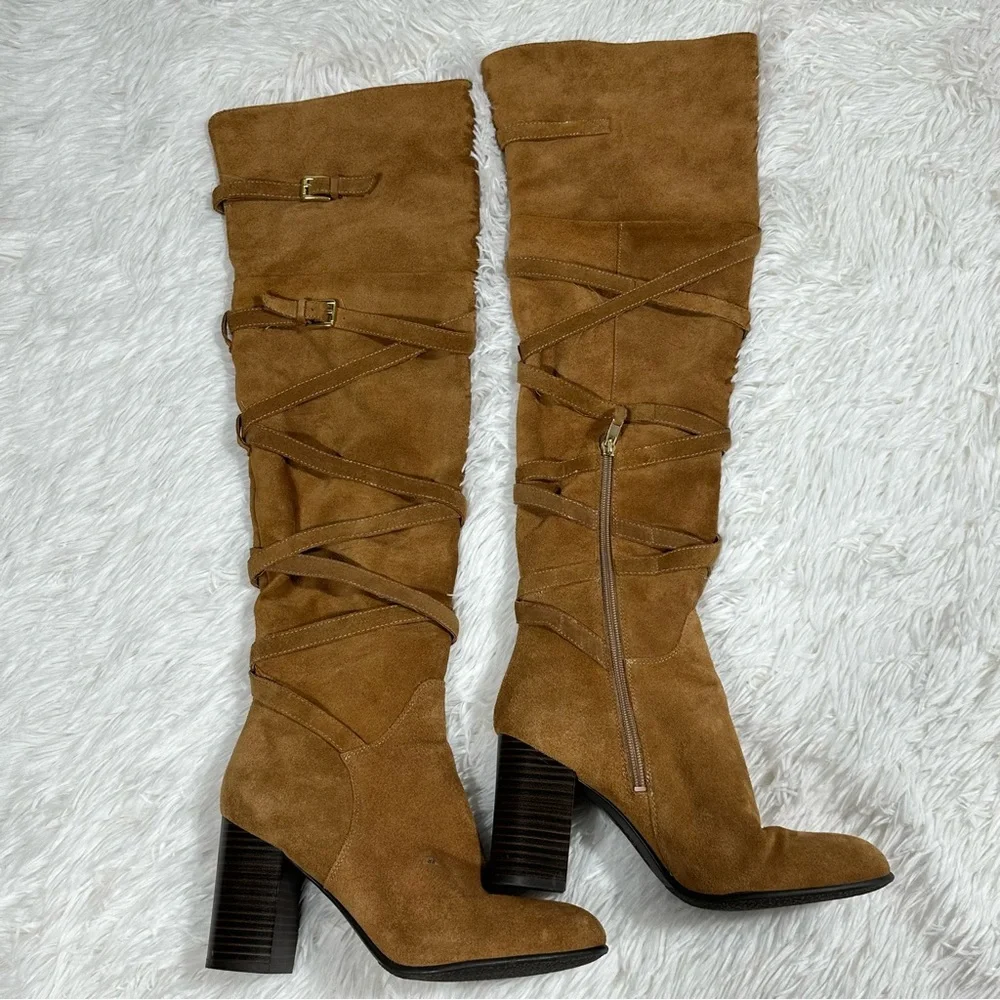 Sam Edelman Over the Knee Suede Boots Womens 8M Tan Block Heel Crisscross Wrap
